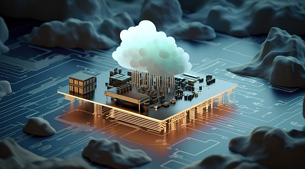 Graphic of landscape with coulds over a computer chip