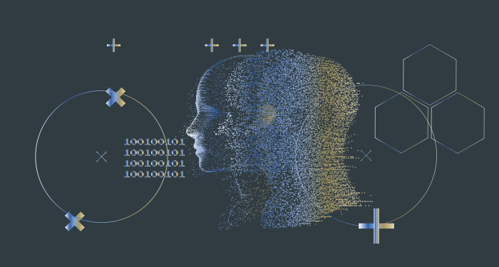 Graphic of human profile from merged computer data with shapes and code