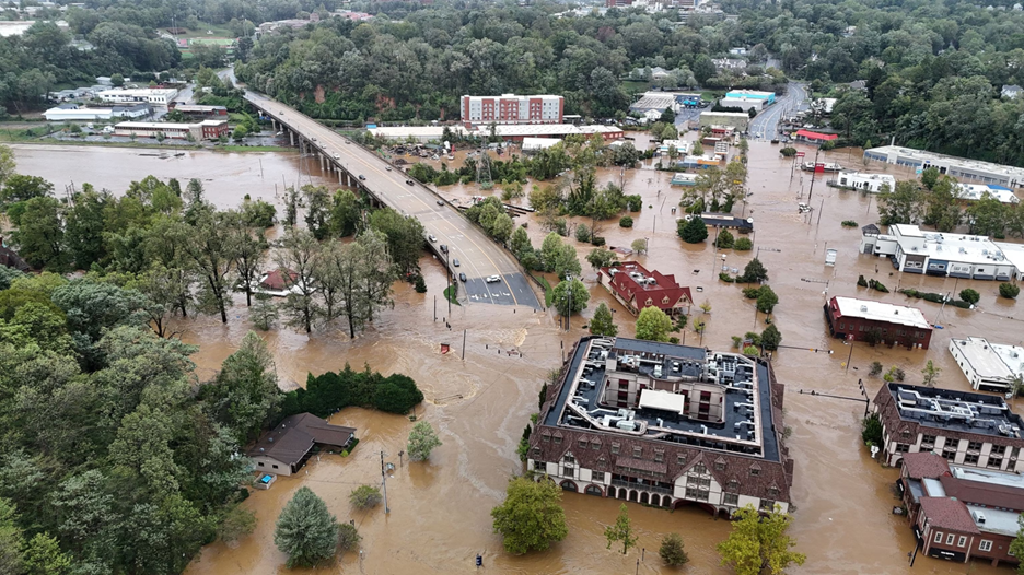 Image of flooding in Asheville NC after Hurricane Helene