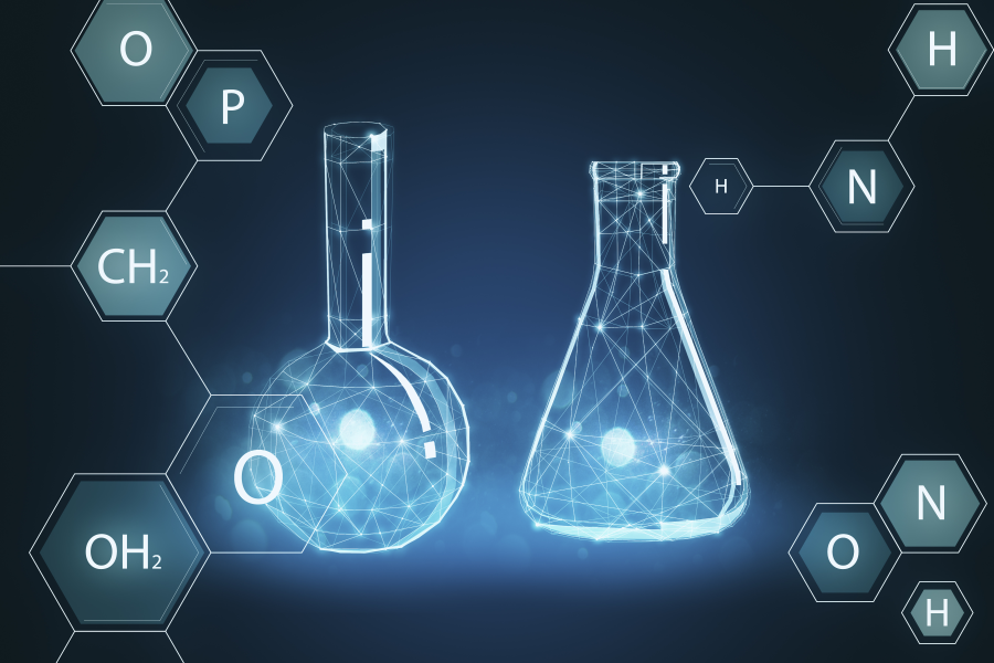 Chemical Flasks made of data plots surrounded by chemical element symbols